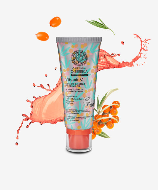 Tube of Vitamin C Turbo Energy Face Mask with sea buckthorn and a splash in the background