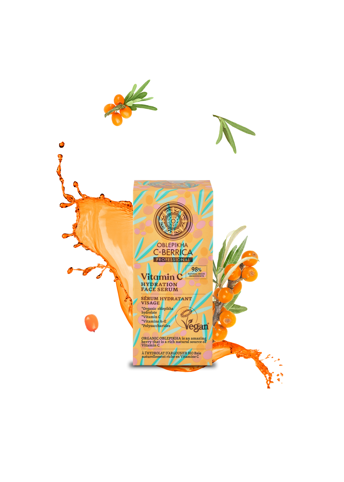 Vitamin C hydration face serum packaging with sea buckthorn on a white background