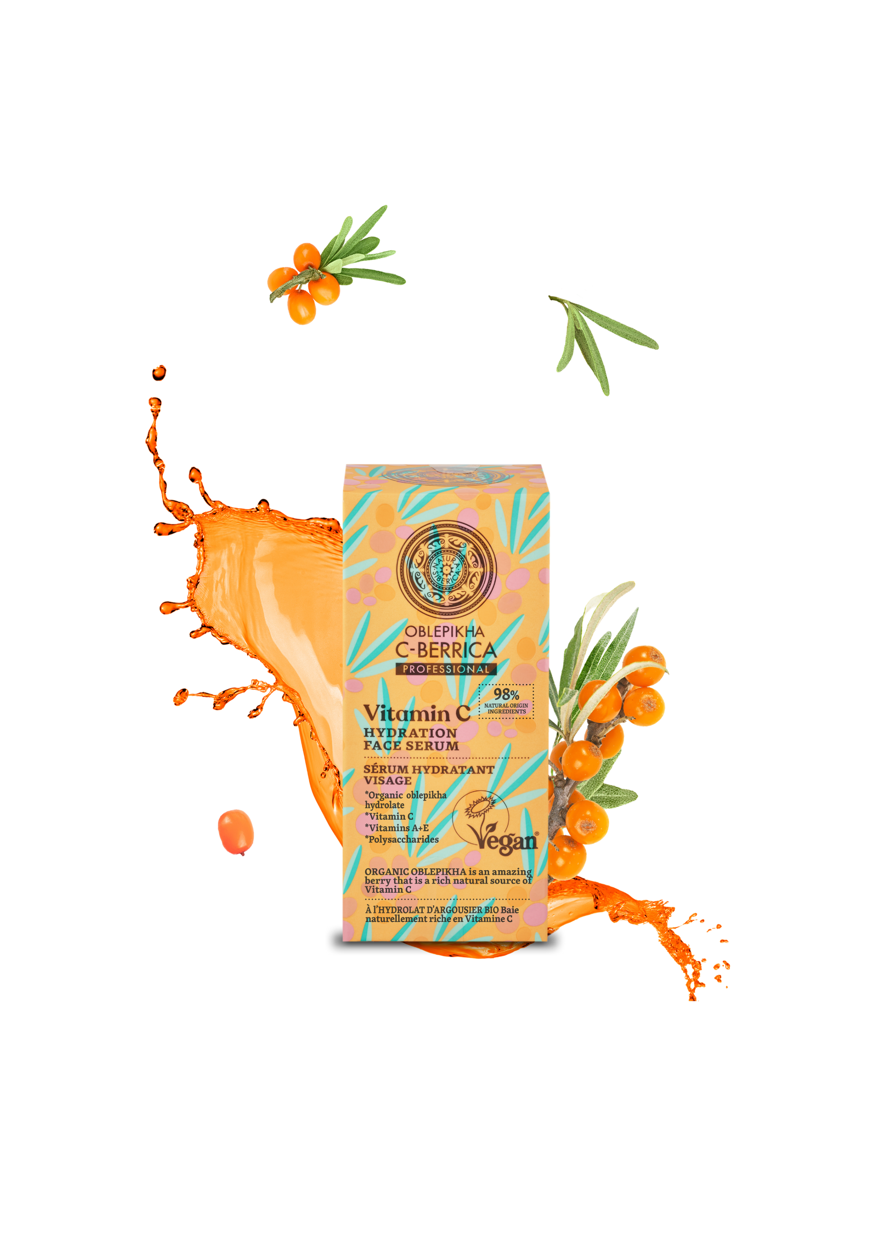Vitamin C hydration face serum packaging with sea buckthorn on a white background