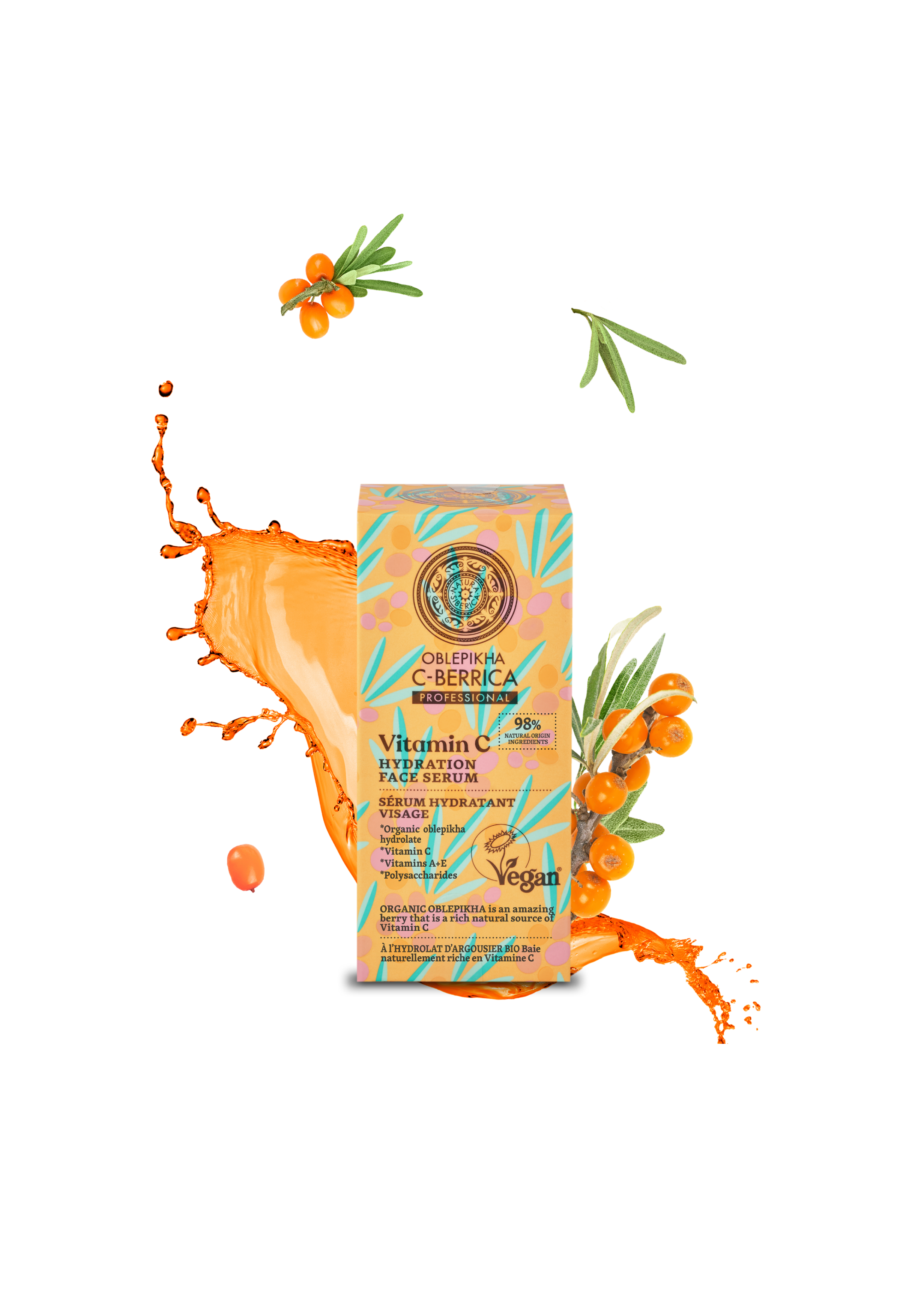 Vitamin C hydration face serum packaging with sea buckthorn on a white background