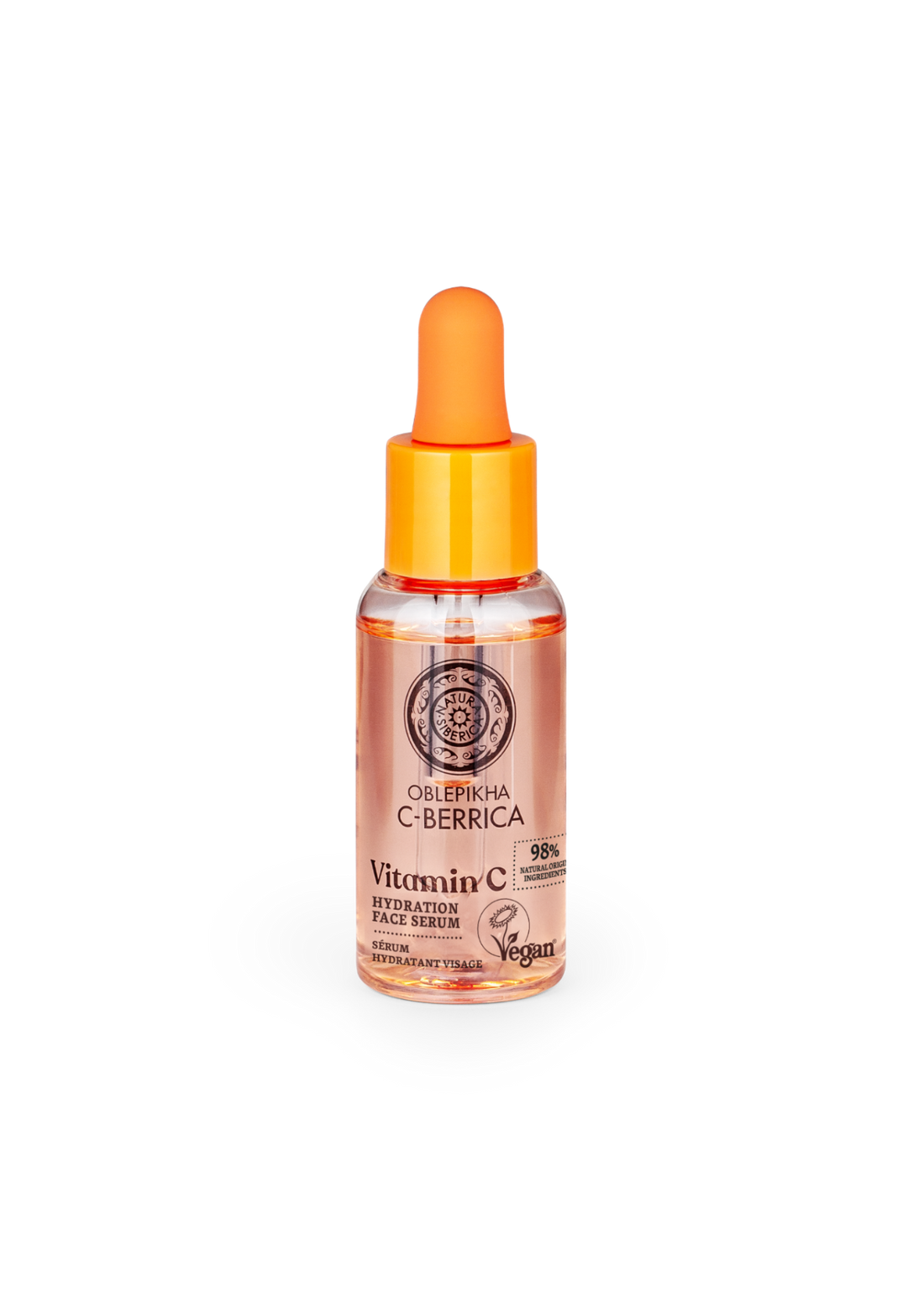 Vitamin C facial serum bottle with dropper on a white background
