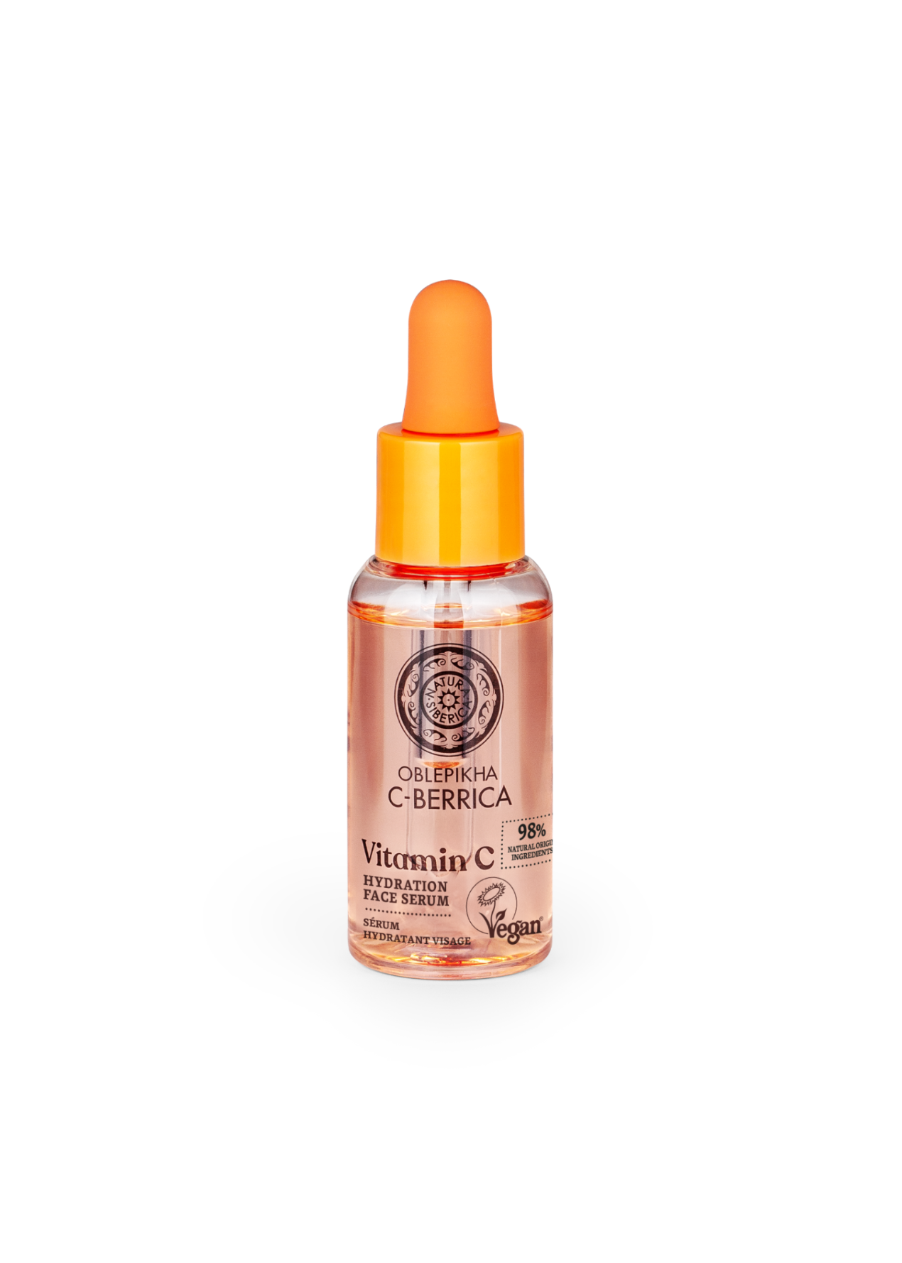 Vitamin C facial serum bottle with dropper on a white background