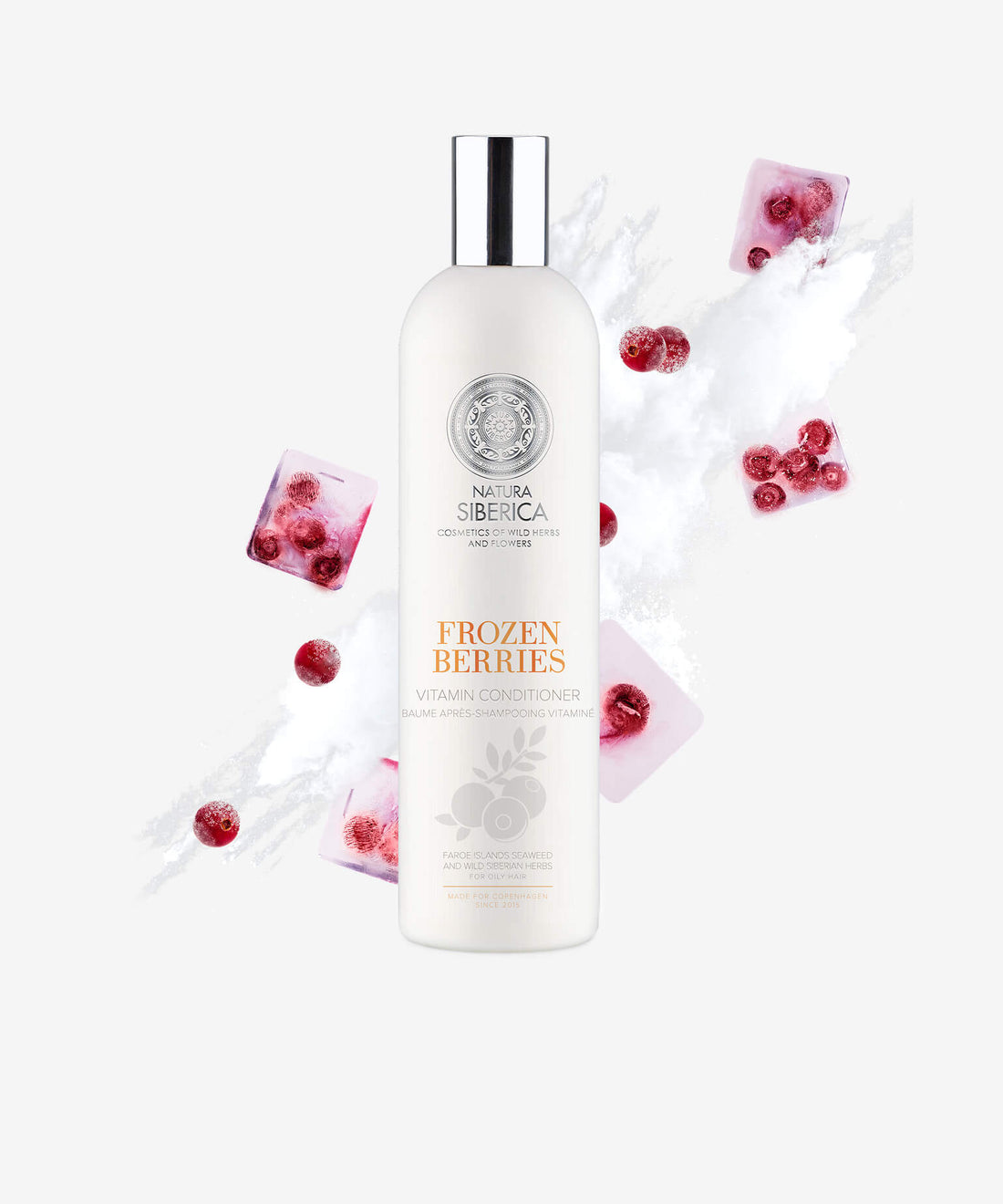 Natura Siberica Frozen Berries shampoo bottle with frozen berries on a white background